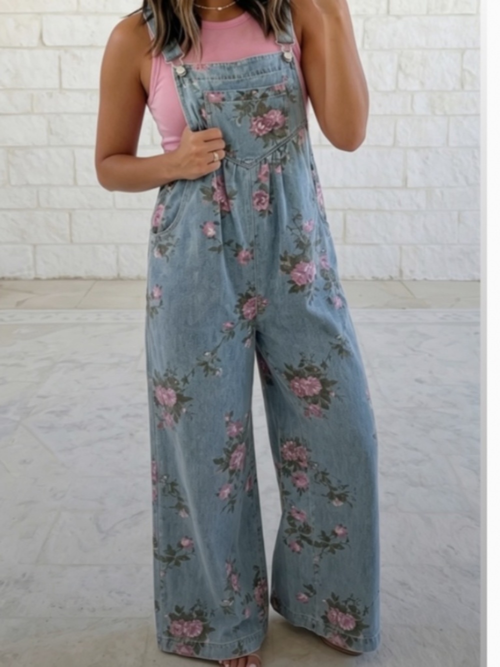 Floral Denim Wide-Leg Overalls - Pink Floral - Picture 5 of 5